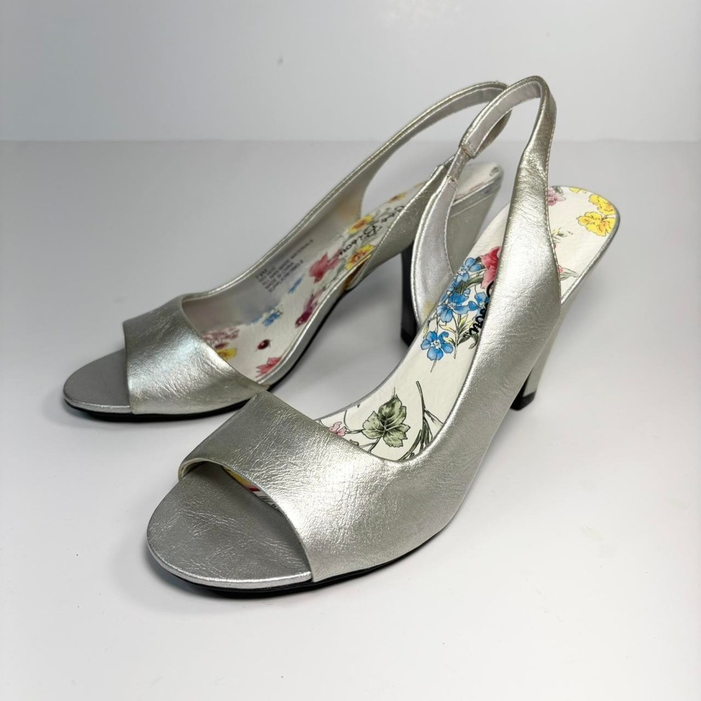 Silver Metallic Slingback Peep Toe Heel With Floral Print Insole Size 7.5 M